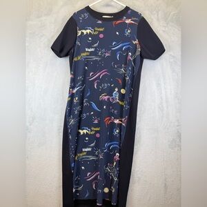 Tory Burch Greer Silk Front Sweater Dress Size Large Navy Midi Wool